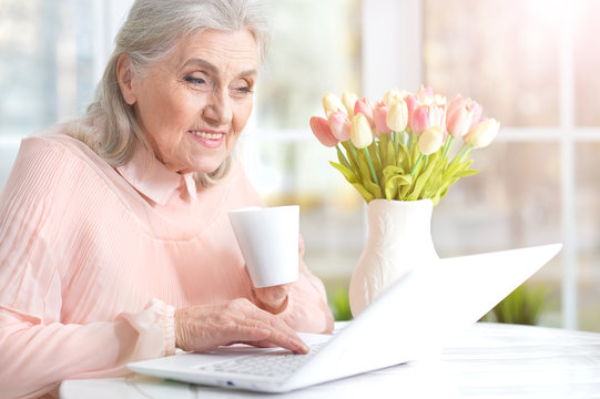 Portrait of happy senior woman using laptop