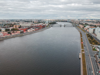 26.07.2019 St. Petersburg, Russia - Aerial photo of a glass skyscraper business center on the embankment of the Neva river.