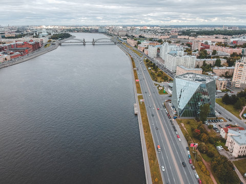 26.07.2019 St. Petersburg, Russia - Aerial photo of a glass skyscraper business center on the embankment of the Neva river.