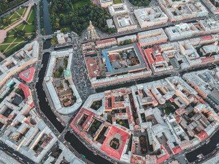 Aerial photography of the historic city center, rooftops, St. Petersburg, Russia.