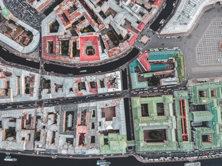 Aerial photography of the historic city center, rooftops, St. Petersburg, Russia.