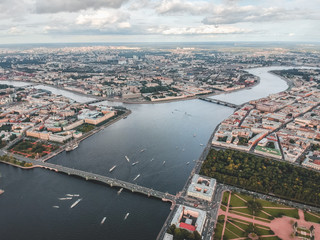 Aerial photography of the Neva river, passenger ships, St. Petersburg, Russia.