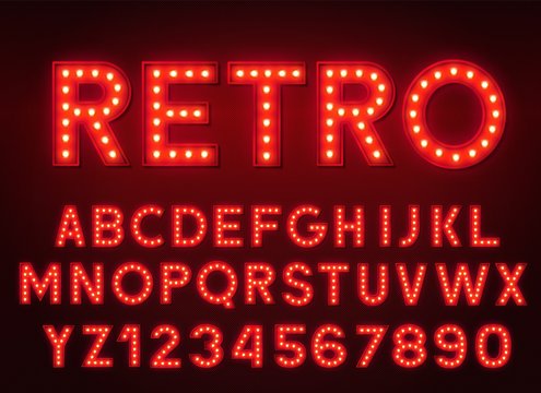 3d light bulb red alphabet with numbers on a dark background. Retro glowing font.