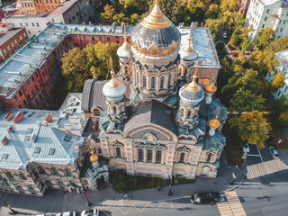 Aerial photo Church of the assumption, the gilded dome, Orthodox Church, historic city centre, Vasileostrovskiy island, St. Petersburg, Russia.