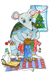 Mouse. Mouse mother puts the child in a jacket, watercolor illustration with a symbol of the new year.