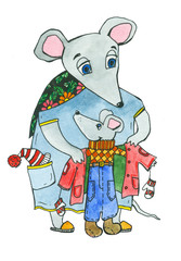 Mouse. Mouse mother puts the child in a jacket, watercolor illustration with a symbol of the new year.