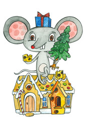 Obraz premium Christmas mouse and gingerbread house, watercolor illustration with a mouse, a symbol of the new year 2020