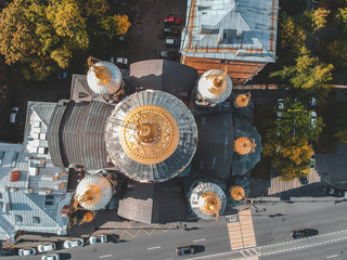 Aerial photo Church of the assumption, the gilded dome, Orthodox Church, historic city centre, Vasileostrovskiy island, St. Petersburg, Russia.