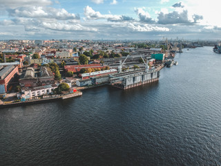 Naklejka na ściany i meble Aerial photography of the port, city center, Neva river, St. Petersburg, Russia.