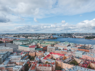 Aerial photography of the Neva river, city center, historical residential development, St. Petersburg, Russia.