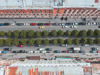 Aerial photography of roofs, residential buildings, Flatley, St. Petersburg, Russia.
