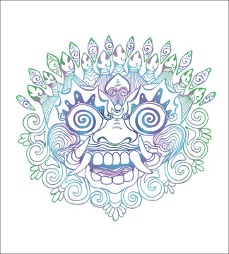 Color illustration of a Thai mask. Neon drawing of the eastern deity