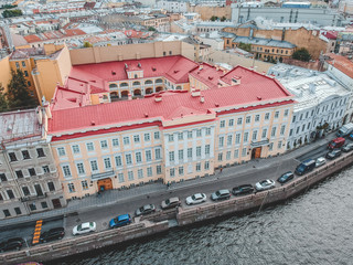Aerial photography of the Moika river, city center, historical residential development, St. Petersburg, Russia