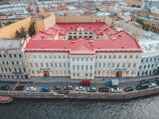 Aerial photography of the Moika river, city center, historical residential development, St. Petersburg, Russia