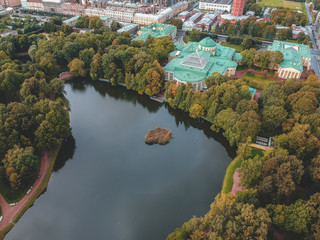 Aerial photography of a Park with a lake and a Palace on the shore, St. Petersburg, Russia