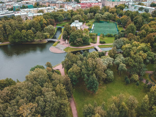 Aerial photography of a Park with a lake and a Palace on the shore, St. Petersburg, Russia.
