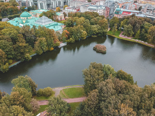 Aerial photography of a Park with a lake and a Palace on the shore, St. Petersburg, Russia.