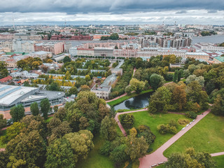 Aerial photography of residential buildings in the Park, city center, old buildings, St. Petersburg, Russia.