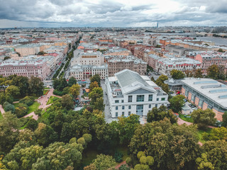 Aerial photography of residential buildings in the Park, city center, old buildings, St. Petersburg, Russia.