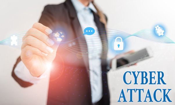 Handwriting text writing Cyber Attack. Conceptual photo attempt by hackers to damage or destroy a computer network Female human wear formal work suit presenting presentation use smart device