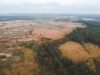 Aerial photography of fields, forests, roads, Flatley, St. Petersburg, Russia
