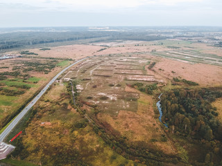 Aerial photography of fields, forests, roads, Flatley, St. Petersburg, Russia