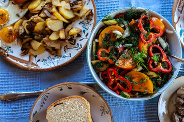 Dinner served on blue rustic tablecloth
