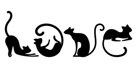 Letters from black cats. Vector illustration of cats in the word love. Drawing for children. Tattoo.