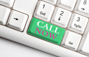 Text sign showing Call Now. Business photo showcasing To immediately contact a demonstrating using...