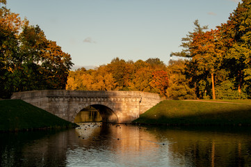 panorama of park in Gatchina in the Indian summer.