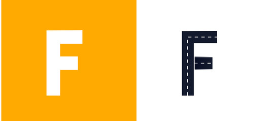 Letter F. Road font. Typography vector design with street lines. On white and yellow background