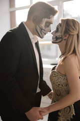 Halloween Zombie party and horror. Halloween couple with makeup