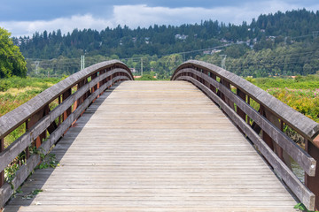 Fototapeta na wymiar Foot bridge for pedestrians at Colony Farms, Coquitlam, British Columbia Canada on a warm sunny day.