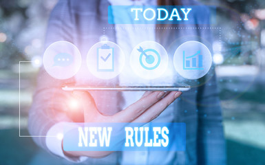 Text sign showing New Rules. Business photo showcasing A state of changing an iplemented policy for...