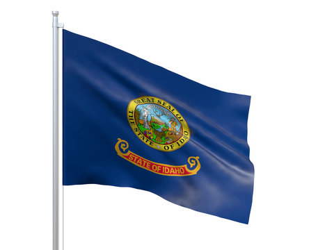 Idaho (U.S. state) flag waving on white background, close up, isolated. 3D render