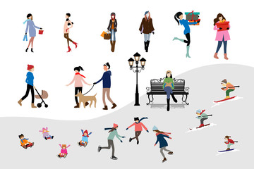 Fototapeta na wymiar Set of winter character with tiny people having fun outdoor activities or celebrating on Christmas and new year, women walking on city streets and shopping, teenager skiing, kids playing ice skates.