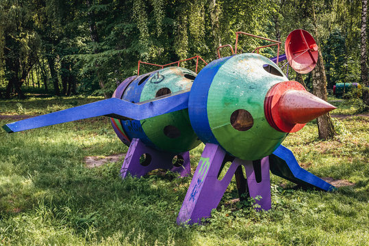 Remains of Soviet era playground in Topilche Hydropark in Ternopil, Ukraine