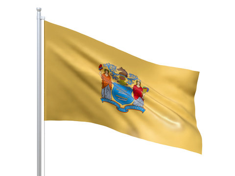 New Jersey (U.S. state) flag waving on white background, close up, isolated. 3D render