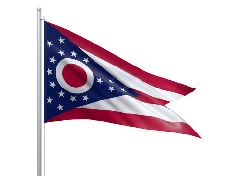 Ohio (U.S. state) flag waving on white background, close up, isolated. 3D render