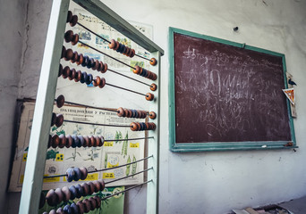 Interior of abandoned school in Mashevo vilage located in Chernobyl exclusion area, Ukraine