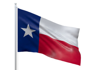 Fototapeta na wymiar Texas (U.S. state) flag waving on white background, close up, isolated. 3D render