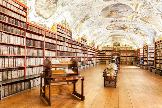 Prague, Czech Republic- June 15, 2014: The Theological Hall in Strahov monastery in Prague, one of the finest library interiors in Europe.