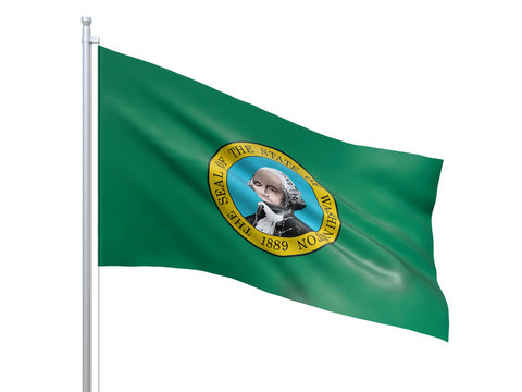 Washington (U.S. state) flag waving on white background, close up, isolated. 3D render