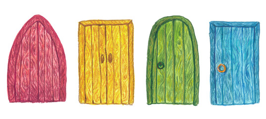 watercolor illustration of set color wood doors on white