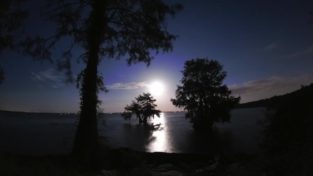 Full moon rising over a lake with trees and clouds
