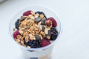 Chia pudding with yogurt, blackberries, raspberries, bananas and oatmeal served in cups