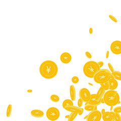 Chinese yuan coins falling. Scattered floating CNY