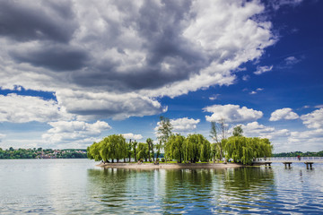 Love Islet on a large artificial lake in public park of Taras Shevchenko in Ternopil city, Ukraine