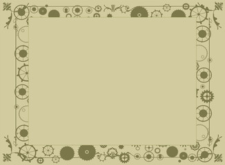 Steampunk vintage frame background, retro booklet, cogs and gears of restaurant pub menu with flag, banner.