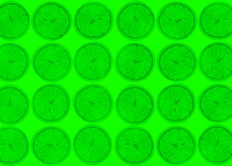 collage of many photos round lemon slice with a seed on a green background, close-up, copy space